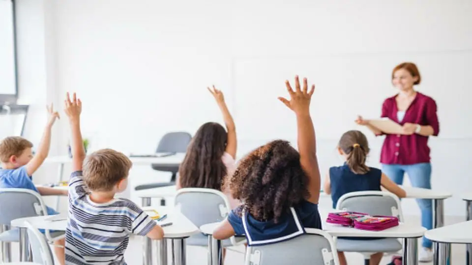 students raising their hands in school with teacher