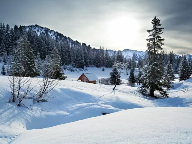 morning light with snowy hills in winter